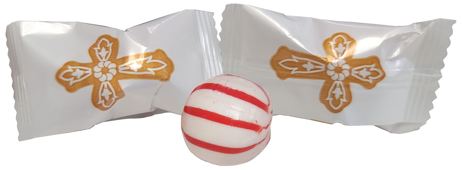 Christening OR First Communion Holy Gold Cross Themed Peppermint Balls 100 Count Wrapped - Mint Candy
