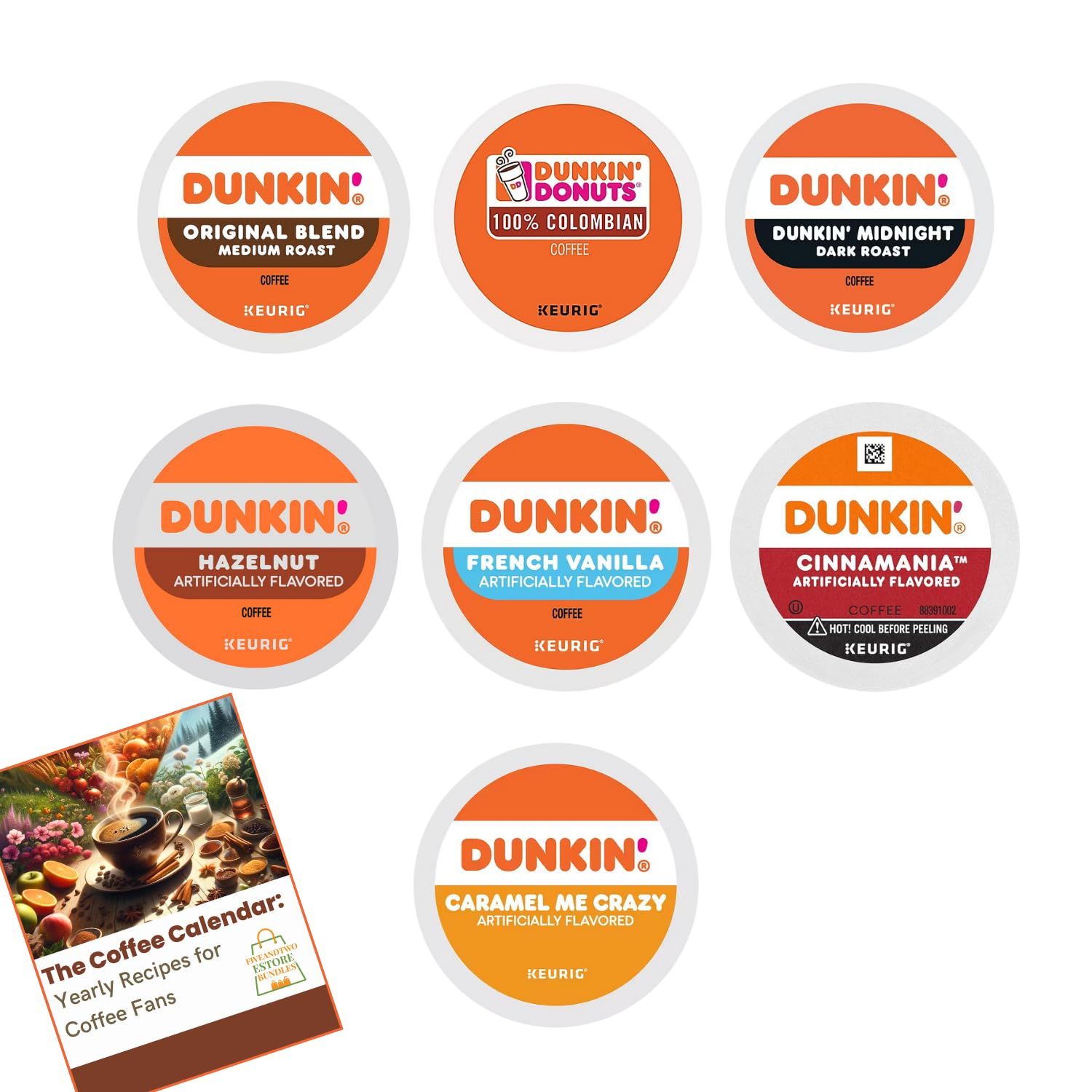 Dunkin K Pods Variety Pack: 28 Coffee Pods, 7 Flavors, Medium &amp; Dark Roasts, Flavored coffee k pods - Hazelnut, French Vanilla, Caramel, Cinnamania Coffee Kcups with Recipe eBook (28units, 7 Flavors)