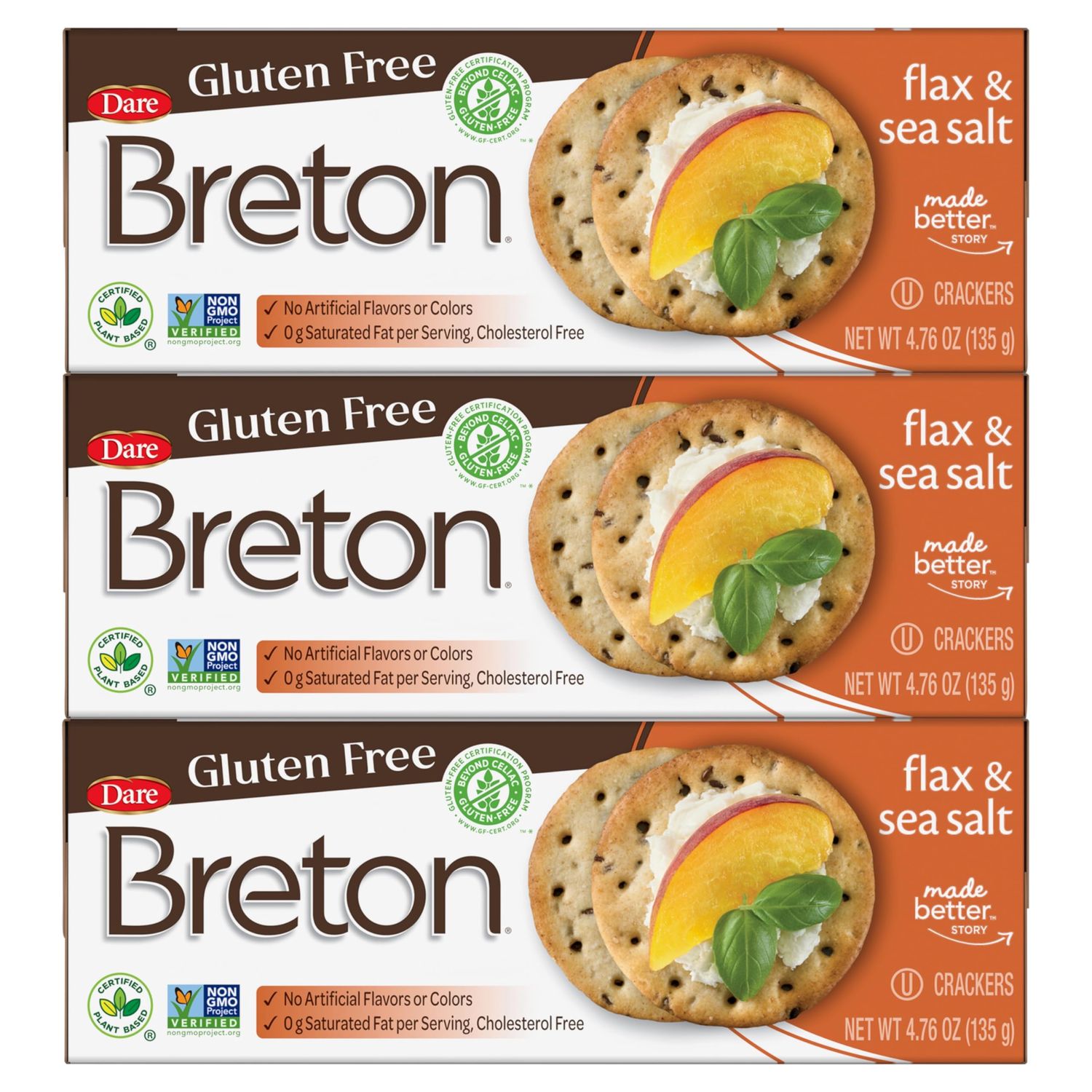 Breton Crackers, Gluten Free Flax &amp; Sea Salt, Pack of 3