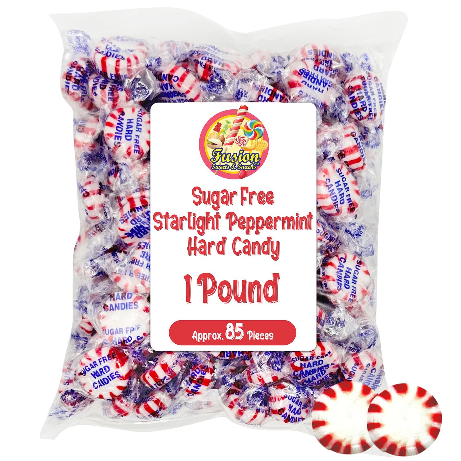 Sugar Free Peppermint Starlight Candy - 1 Pound Bulk Bag - Individually Wrapped Sugar Free Starlight Mints - Christmas &amp; Holiday Peppermint Mints- Keto and Diabetic Friendly Sugarless Hard Candy