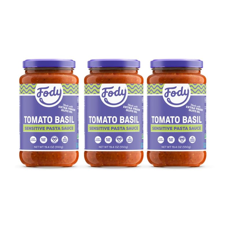 Fody Foods Tomato Basil Pasta Sauce, 19.4 Ounces, Low Fodmap Certified, Sensitive Recipe &amp; Gut Friendly, Premium Quality Ingredients, Non-GMO, Pack of 3, Packaging May Vary