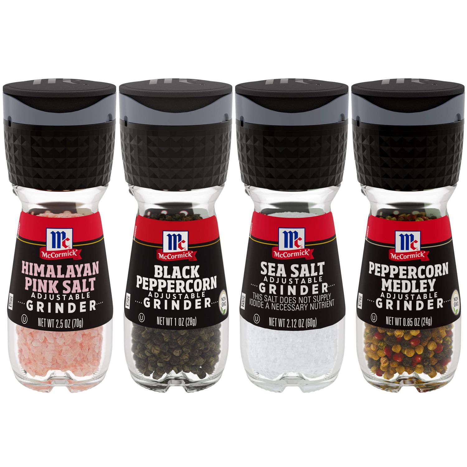 McCormick Salt &amp; Pepper Grinder Variety Pack, Himalayan Pink Salt, Sea Salt, Black Peppercorn, and Peppercorn Medley, 6.47 oz