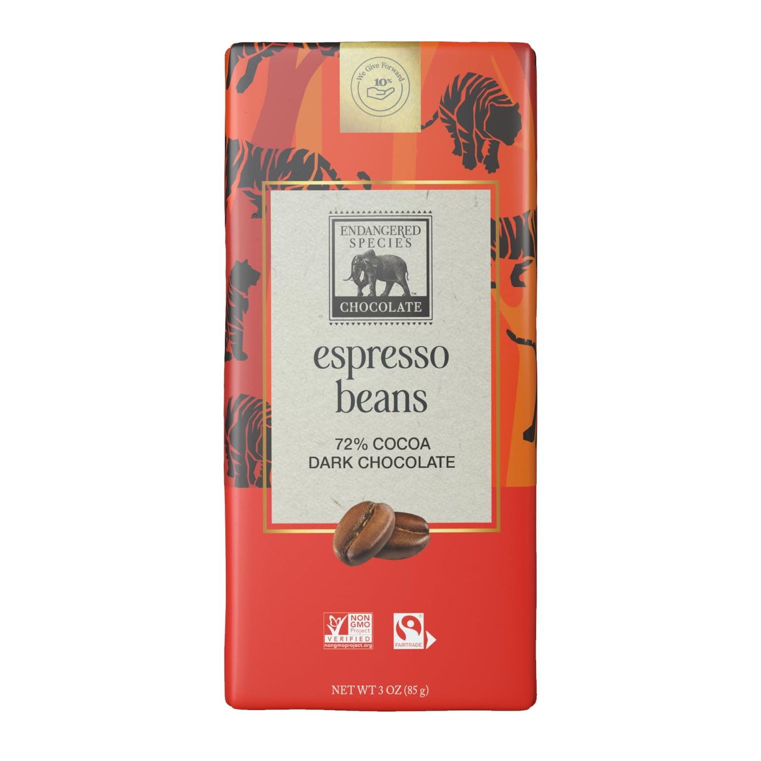 Endangered Species Chocolate Tiger Bar; Dark Chocolate with Expresso Beans, 3 Ounce - 12 per case.
