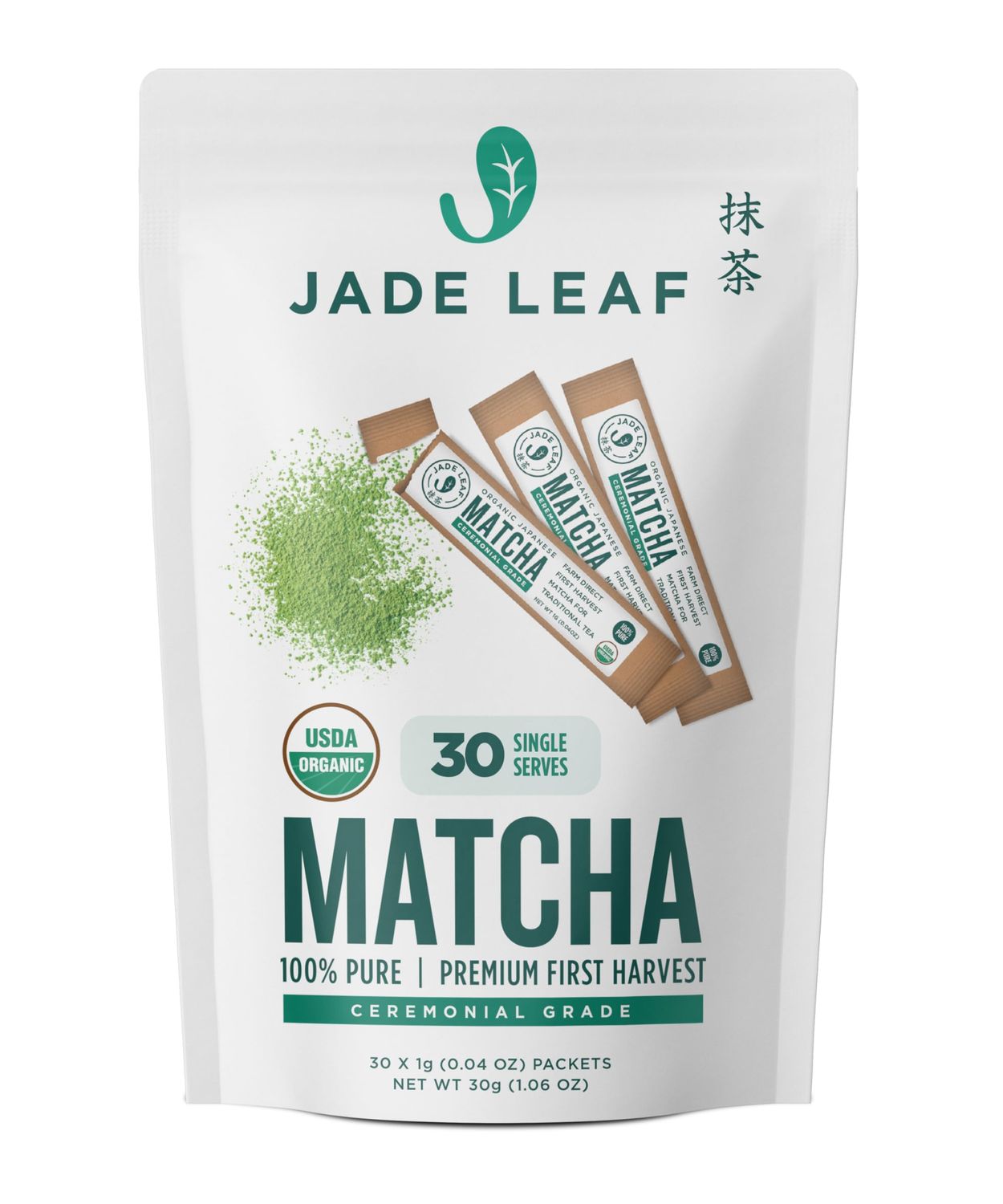 Jade Leaf Matcha Organic Ceremonial Grade Green Tea Powder - Farm Direct First Harvest - Single Serve Stick Packs - Authentic Japanese Origin (30 Count Single Serve Stick Pack Pouch)