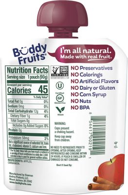 Buddy Fruits Snacks To Go Cinnamon Unsweetened Applesauce 3.2oz Pouch (18pk) Gluten-Nut-Dairy-Preservatives-BPA Free, Non GMO, Kosher