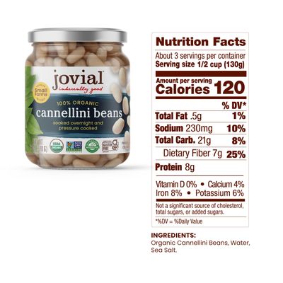Jovial 100% Organic Cannellini - Cannellini, Organic Cannellini, No Saturated Fat, Gluten Free, Recyclable Glass, Great Source of Fiber, No Additives or Preservatives, Product of Italy - 13 Oz, 6 Pack