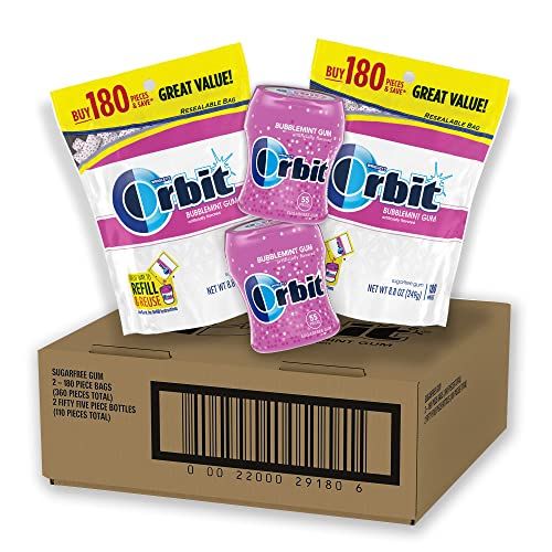 ORBIT Bubblemint Sugar Free Chewing Gum Bulk Pack, 2 Pack - 180 Piece Bag &amp; 2 Pack - 55 Piece Bottle