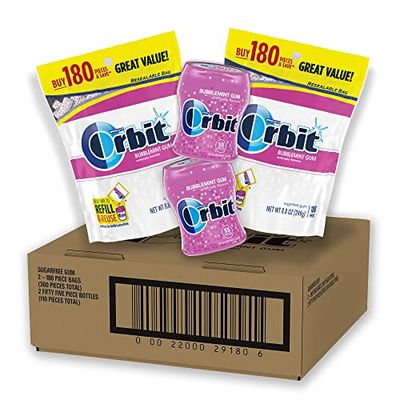 ORBIT Bubblemint Sugar Free Chewing Gum Bulk Pack, 2 Pack - 180 Piece Bag &amp; 2 Pack - 55 Piece Bottle