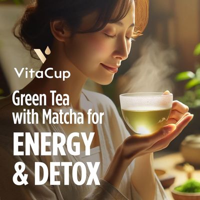 VitaCup Green Tea Instant Packets, Enhance Energy &amp; Detox with Matcha, Moringa, B Vitamins, D3, Fiber, Keto, Paleo, Vegan in Tea Powder Single Serving Sticks, 10 Ct
