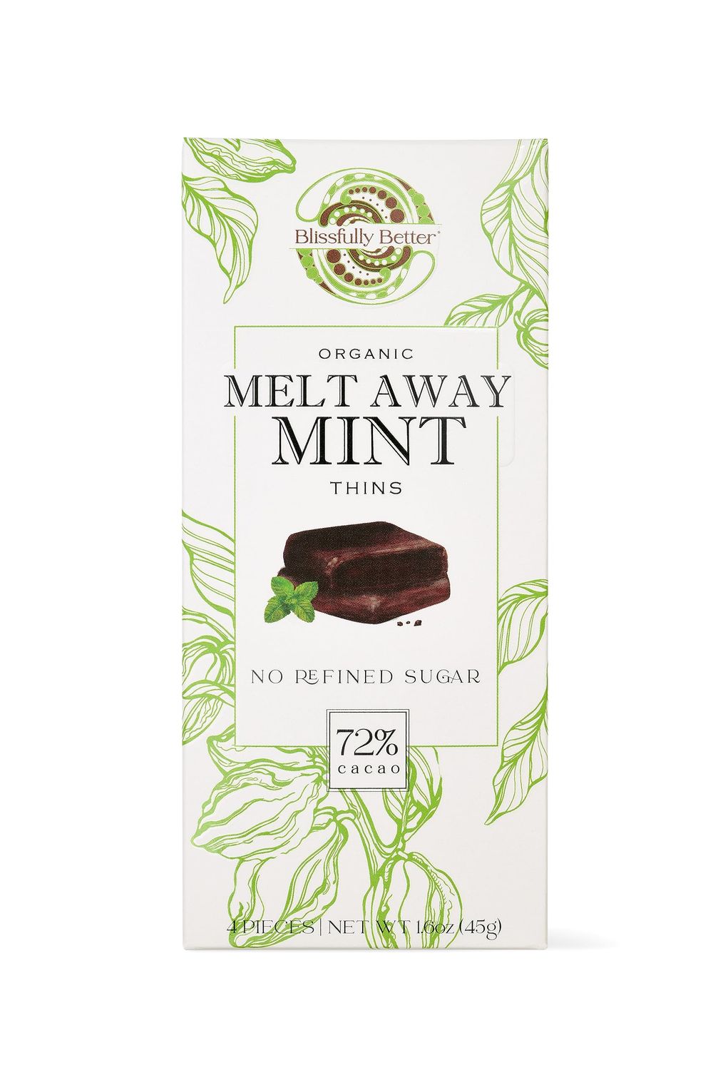 Blissfully Better Chocolate - USDA Organic Vegan Dark Chocolate Mint Thins - Low Sugar | Handcrafted | Gourmet | Gift | Snack | Non-GMO | Fair Trade | Paleo Friendly (4,1.6 oz packs)