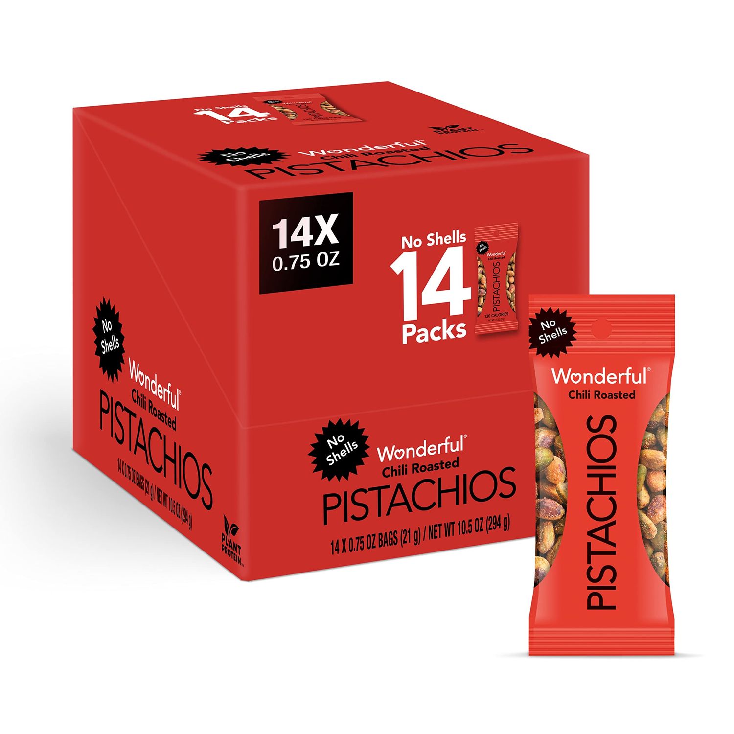Wonderful Pistachios No Shells, Chili Roasted Nuts, 0.75 Ounce Bag (Pack of 14), Protein Snacks, Gluten Free, On-the-Go, Individually Wrapped Healthy Snack