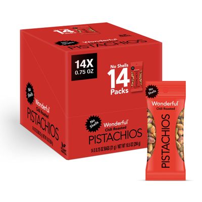 Wonderful Pistachios No Shells, Chili Roasted Nuts, 0.75 Ounce Bag (Pack of 14), Protein Snacks, Gluten Free, On-the-Go, Individually Wrapped Healthy Snack