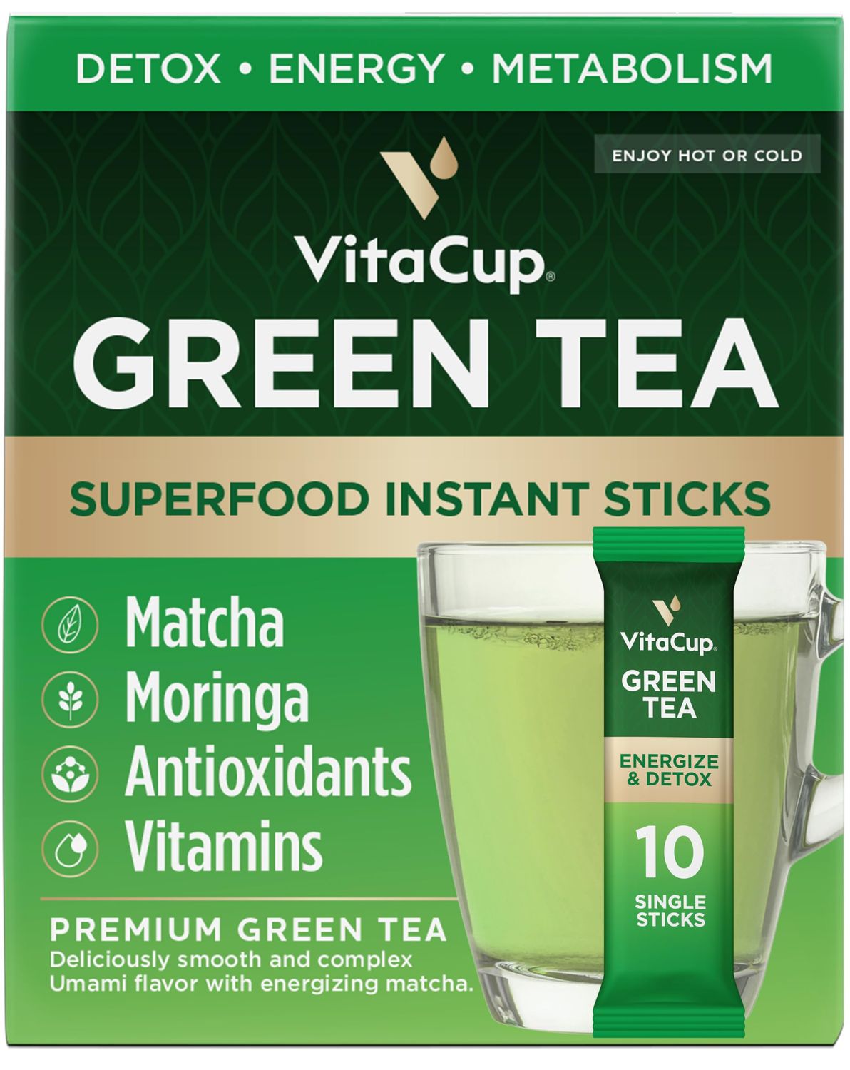 VitaCup Green Tea Instant Packets, Enhance Energy &amp; Detox with Matcha, Moringa, B Vitamins, D3, Fiber, Keto, Paleo, Vegan in Tea Powder Single Serving Sticks, 10 Ct
