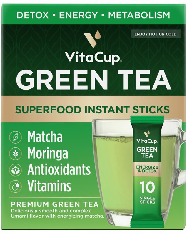 VitaCup Green Tea Instant Packets, Enhance Energy &amp; Detox with Matcha, Moringa, B Vitamins, D3, Fiber, Keto, Paleo, Vegan in Tea Powder Single Serving Sticks, 10 Ct