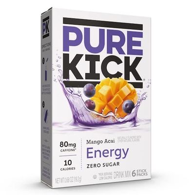 Pure Kick Energy Singles To Go Drink Mix Mango Acai, 3 Boxes with 6 Packets Each -18 Total Servings