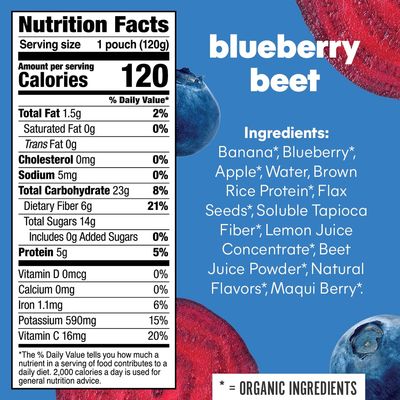 Noka Superfood Smoothie Pouches (Blueberry Beet) 4 Pack, with Plant Protein, Prebiotic Fiber & Flax Seed, Organic, Gluten Free, Vegan, Healthy Fruit Squeeze Snack Pack, 4.22oz Each