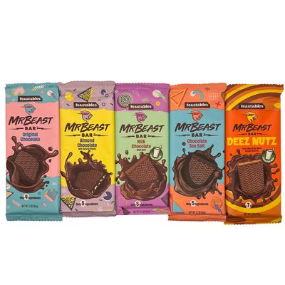 Feastables Mr Beast Chocolate Bars - NEW Deez Nuts Peanut Butter Milk Chocolate, Original Dark, Milk Chocolate, Sea Salt and Almond Chocolate Bars (5 Pack)