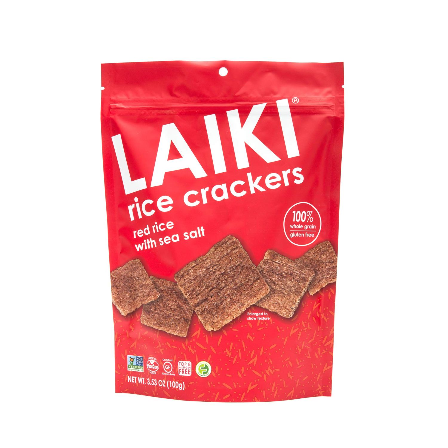 LAIKI Red Rice Crackers - Gluten Free Snacks - Deliciously Light and Airy Crunch - Allergen-Friendly, Vegan, Non-GMO Verified, FODMAP Friendly Rice Crackers Red Rice - 3.53 Ounce Bag (Pack of 8)
