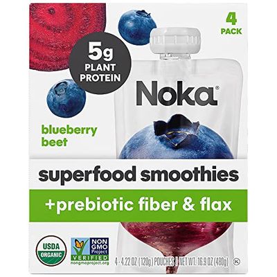 Noka Superfood Smoothie Pouches (Blueberry Beet) 4 Pack, with Plant Protein, Prebiotic Fiber &amp; Flax Seed, Organic, Gluten Free, Vegan, Healthy Fruit Squeeze Snack Pack, 4.22oz Each