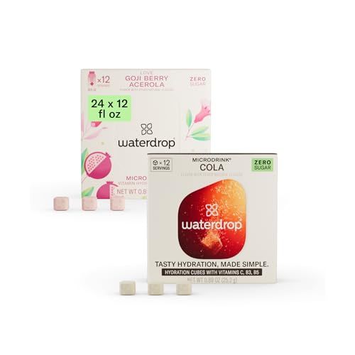 Waterdrop Hydration Cubes, Cola &amp; Goji Berry Pomegrante, Electrolytes Powder with Vitamin C, B3 &amp; B5, On The Go Water Enhancer Drops for Still &amp; Sparkling Water, Sugar &amp; Gluten Free, Vegan, 24 CT