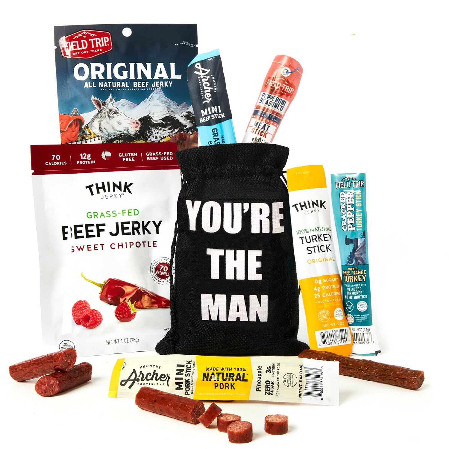 Jerky Gift Bag - Exotic Jerky Variety Pack in Fun You&#39;re the Man Bag - Gifts for Men Who Wants Nothing, Assortment of High Protein Beef Jerky Snack Packs - Ideal Gift for Dad, Son or Wife