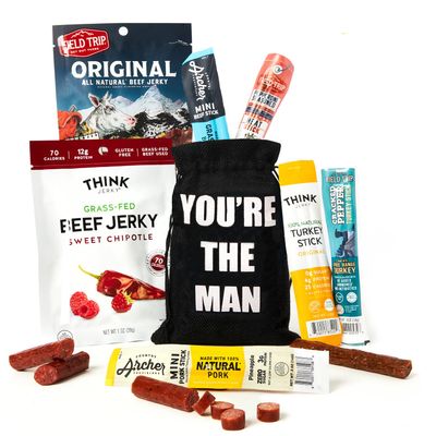 Jerky Gift Bag - Exotic Jerky Variety Pack in Fun You&#39;re the Man Bag - Gifts for Men Who Wants Nothing, Assortment of High Protein Beef Jerky Snack Packs - Ideal Gift for Dad, Son or Wife