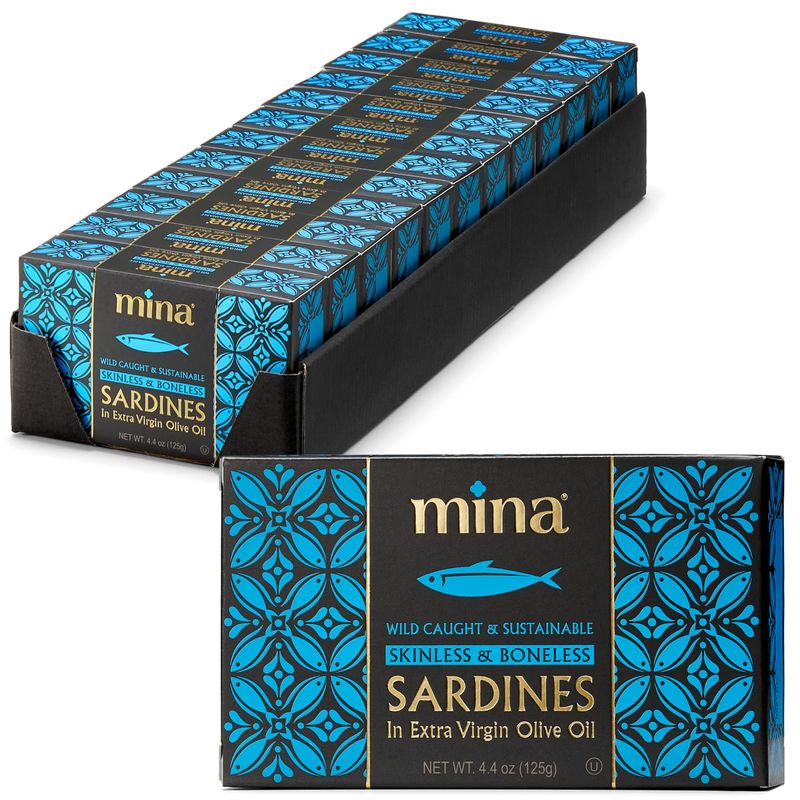 Mina Sardines, Skinless &amp; Boneless Sardines in Extra Virgin Olive Oil, 4.4 Ounce Wild Caught Sardines, Packed By Hand, Low Sodium, High in Protein, Keto, Paleo, Sardines in Olive Oil (Pack of 12)
