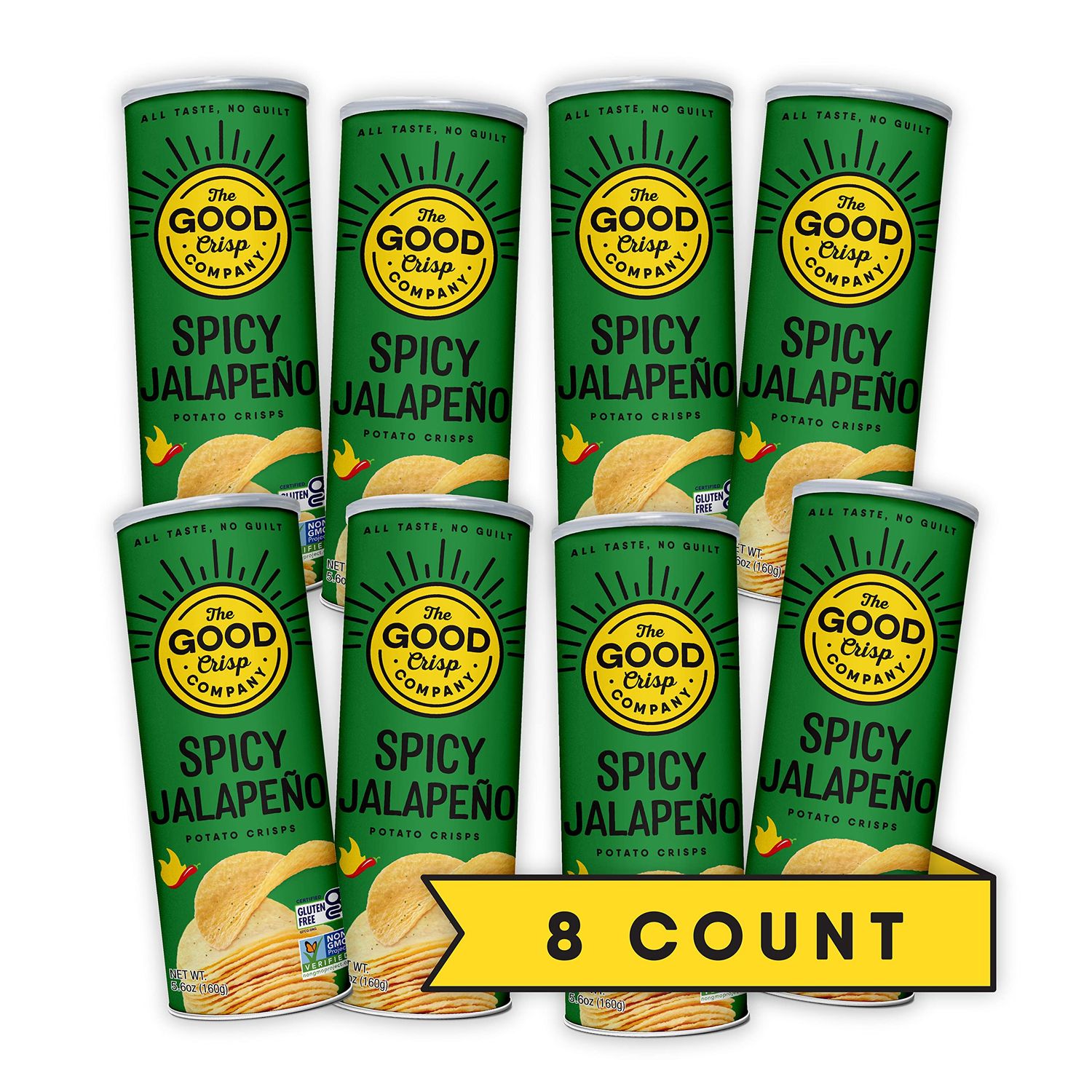 The Good Crisp Company, Spicy Jalapeno, Gluten Free Potato Chips (5.6 Ounce Canisters, Pack of 8), Non-GMO, Allergen Friendly, Potato Chip Snack Pack, Gluten Free Snacks