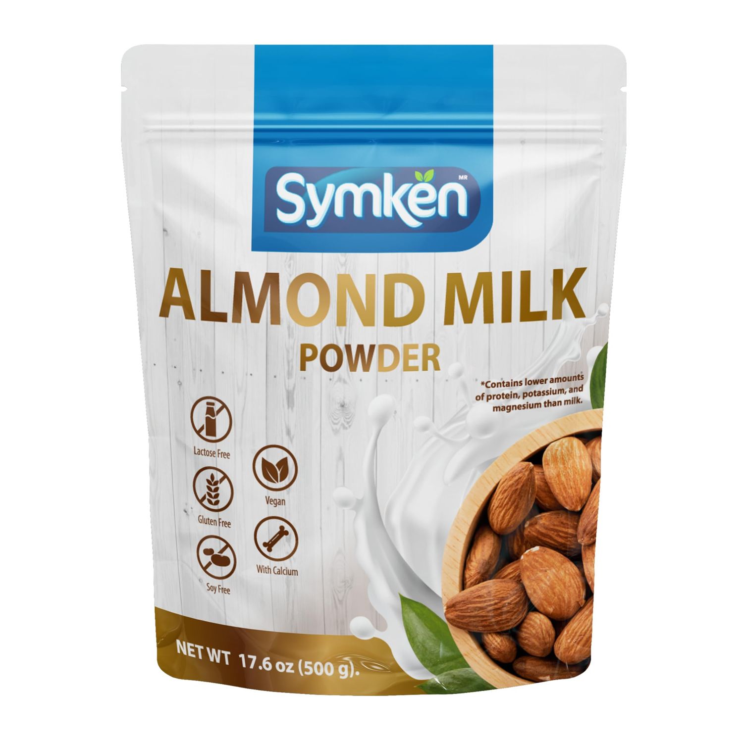 SYMKEN Almond Milk Powder 17.6 Oz (500g) | Pure Almond | No Added Sugar | Vegan | Gluten Free | Lactose Free | Non-GMO | Non-Dairy | Vegan Protein (15%) | Plant-Based Almond Milk