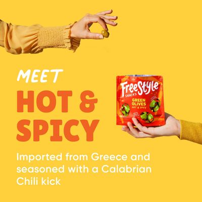Freestyle Snacks Olive Snack Packs - Fresh Pitted Green Olives, Jumbo-Sized, Grown in Greece, All Natural, Non-GMO, Paleo, Sugar-Free, Keto Snacks, Salty Snack - Hot & Spicy, 4oz (6 Pack)