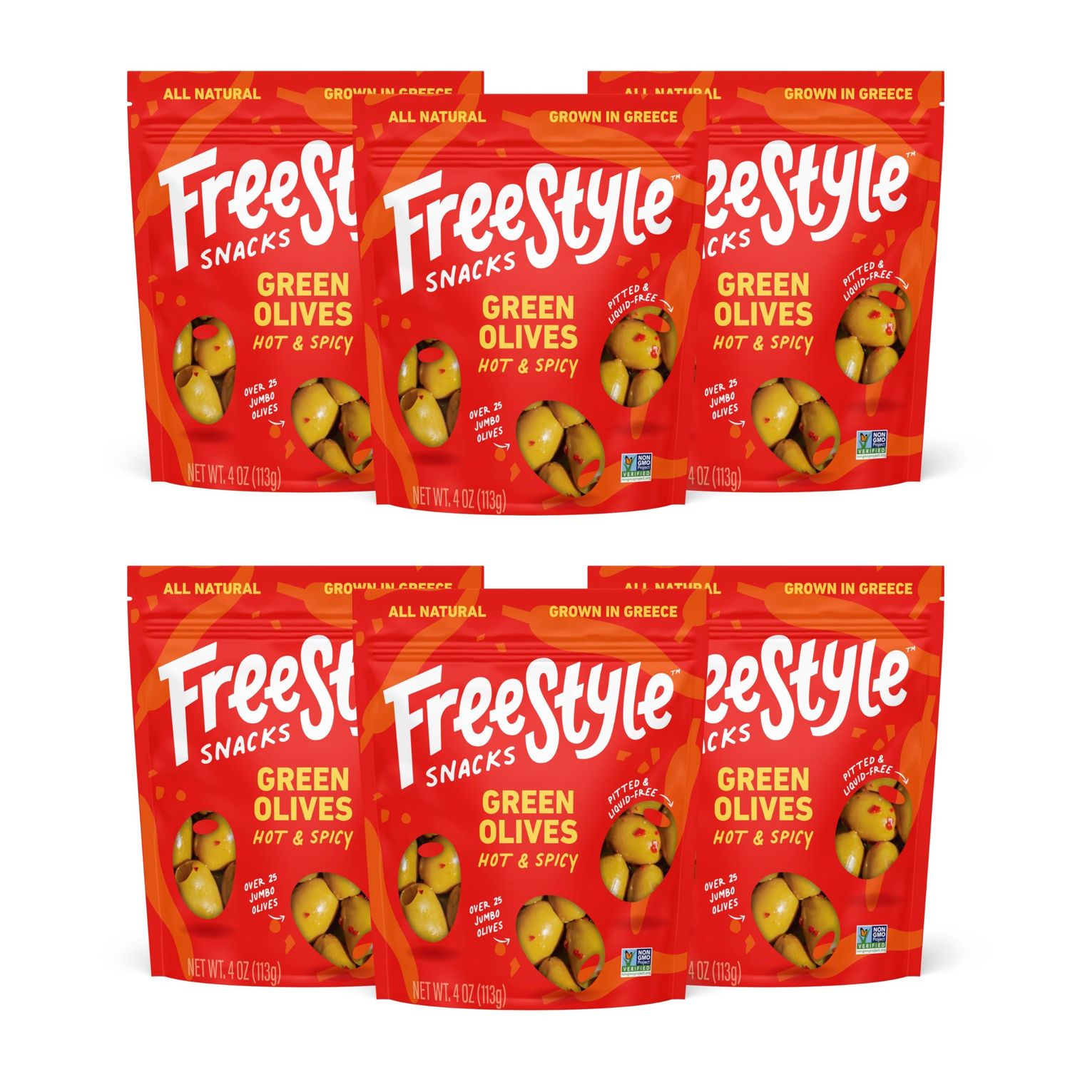 Freestyle Snacks Olive Snack Packs - Fresh Pitted Green Olives, Jumbo-Sized, Grown in Greece, All Natural, Non-GMO, Paleo, Sugar-Free, Keto Snacks, Salty Snack - Hot &amp; Spicy, 4oz (6 Pack)