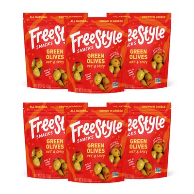 Freestyle Snacks Olive Snack Packs - Fresh Pitted Green Olives, Jumbo-Sized, Grown in Greece, All Natural, Non-GMO, Paleo, Sugar-Free, Keto Snacks, Salty Snack - Hot &amp; Spicy, 4oz (6 Pack)