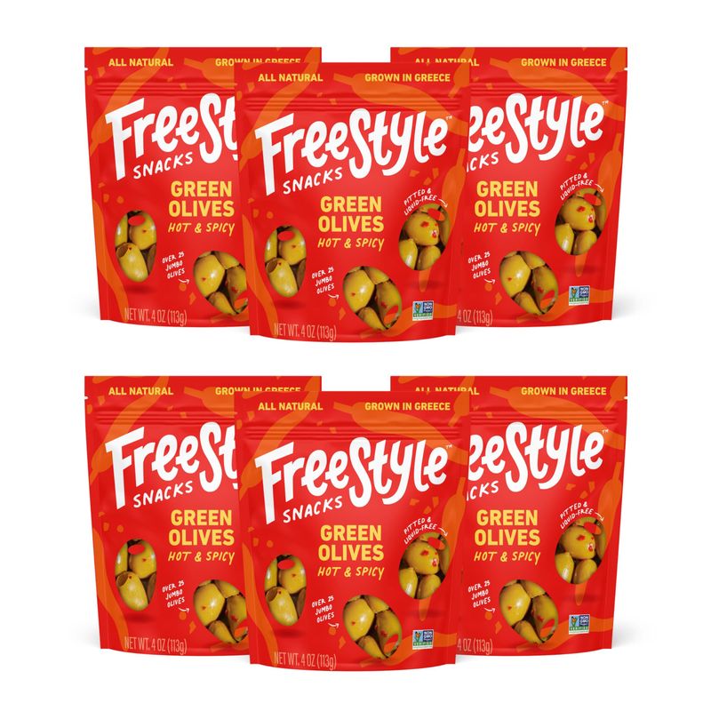 Freestyle Snacks Olive Snack Packs - Fresh Pitted Green Olives, Jumbo-Sized, Grown in Greece, All Natural, Non-GMO, Paleo, Sugar-Free, Keto Snacks, Salty Snack - Hot &amp; Spicy, 4oz (6 Pack)