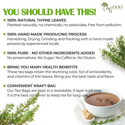 TOG999, Premium 40 Thyme Leaf Tea Bags, 100% Natural &amp; Pure Thyme Leaves. Loose Leaf Thyme Herbal Tea. Thyme Leaf Tea. No Sugar, No Caffeine, No Gluten, Vegan.
