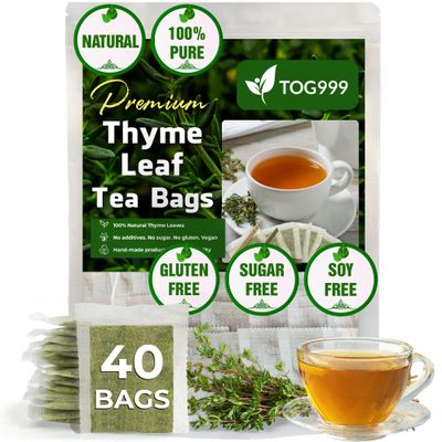 TOG999, Premium 40 Thyme Leaf Tea Bags, 100% Natural &amp; Pure Thyme Leaves. Loose Leaf Thyme Herbal Tea. Thyme Leaf Tea. No Sugar, No Caffeine, No Gluten, Vegan.