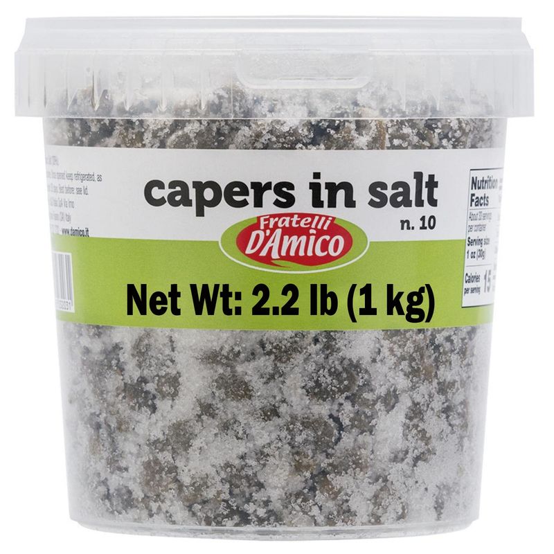 Capers in Salt, Size #10, Net wt. 35.3oz (1000g), Italian Salted Capers, Caperi, NON-GMO, Fratelli D&#39;Amico, Product of Italy.