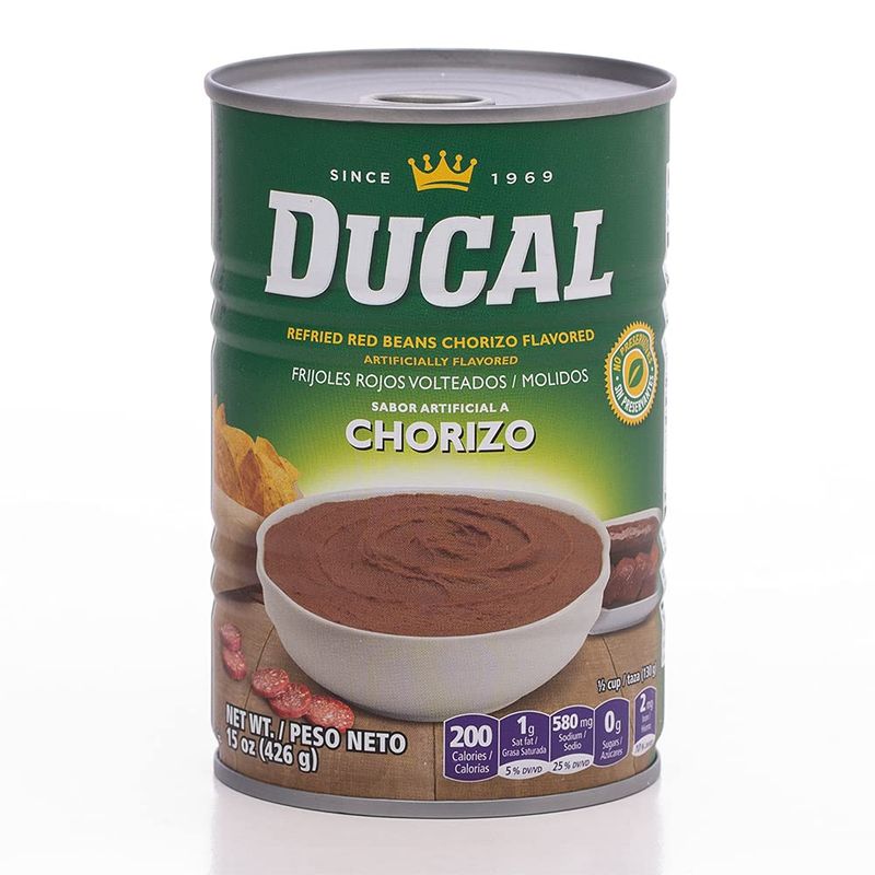 Ducal Refried Red Beans Chorizo Flavored, 15 Ounce (Pack of 24) - Excellent Source in Protein And Iron, Cholesterol Free - Instant Vegetarian Refried Red Beans, Non-GMO And Gluten-Free
