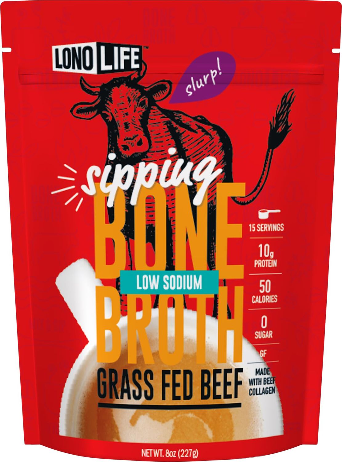 LonoLife Low Sodium Beef Bone Broth Powder Mix | Grass-Fed, 10g Protein | Collagen-Rich, Keto &amp; Paleo Friendly | Natural Ingredients | 8oz Bulk Container (15 Servings)