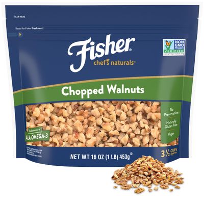Fisher Chef&#39;s Naturals Chopped Walnuts 1 Lb, 100% California Unsalted Walnuts for Baking &amp; Cooking, Snack Topping, Resealable Bag, Great with Yogurt &amp; Cereal, Vegan Protein, Keto Snack, Chopped Nuts