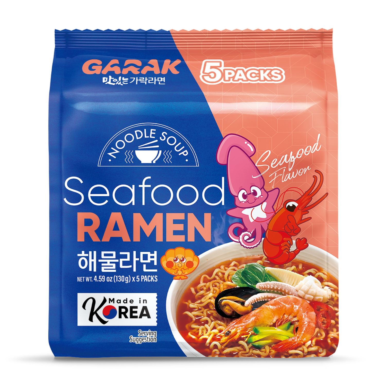 GARAK Seafood flavor Ramen, Korean authentic instant noodle, Mild Spicy noodle 1 Bag with 5 Pack