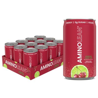 AminoLean Energy Drink MINIS - Sugar Free Anytime Energy with Natural Caffeine &amp; Vegan Amino Acids for No Jitters, Tingles, or Crash, Cherry Lime, 8 oz 12 Pack