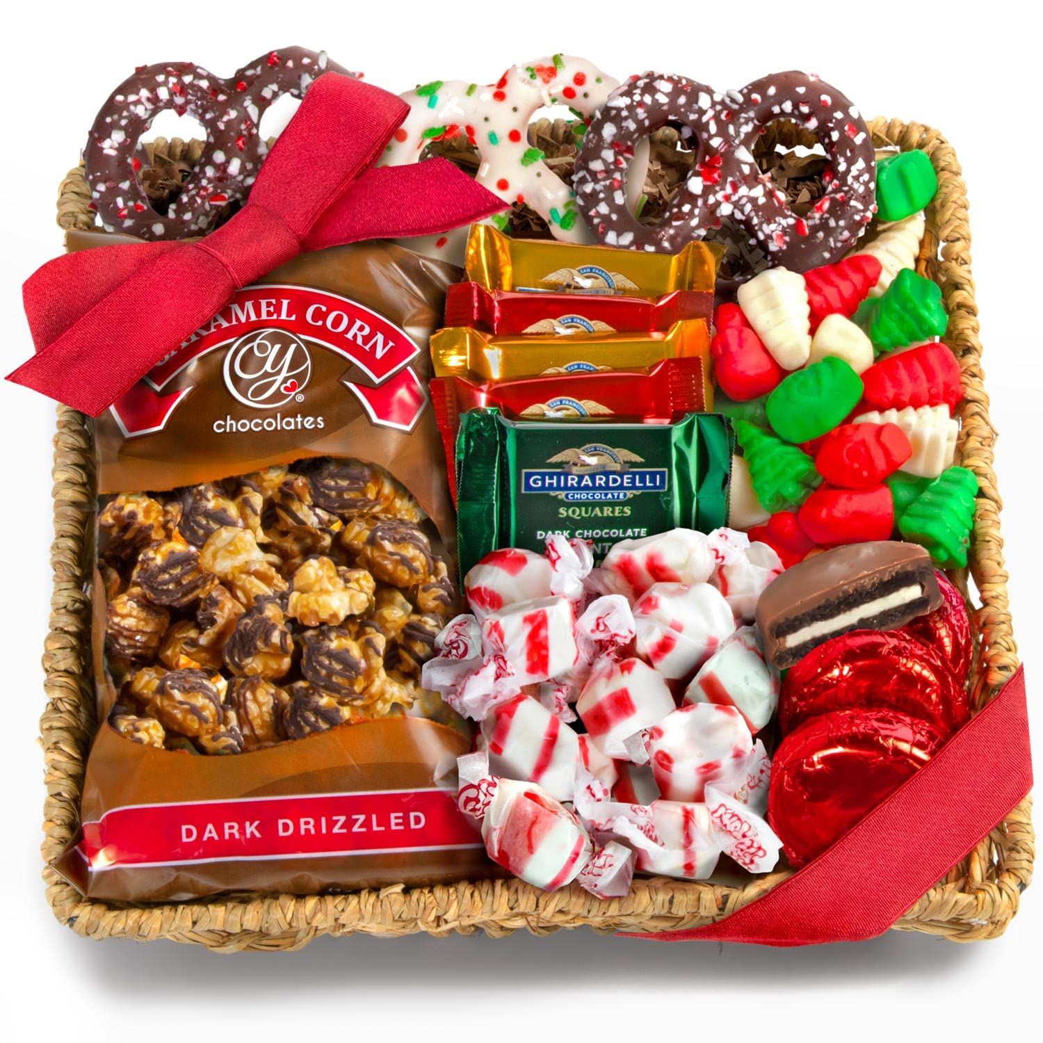 A Gift Inside Holiday Classic Chocolate, Candy &amp; Crunch Gift Basket With Handmade Chocolates, Ghirardelli, Caramel Corn for Gourmet Christmas Food Gift