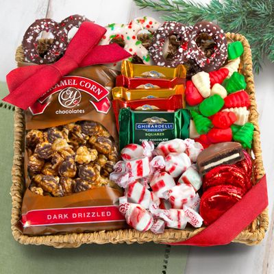 A Gift Inside Holiday Classic Chocolate, Candy & Crunch Gift Basket With Handmade Chocolates, Ghirardelli, Caramel Corn for Gourmet Christmas Food Gift