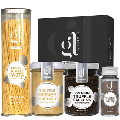 Gourmet Truffle Gift Box Set, ''DELUXE'', Included Linguine Truffle Pasta 250 gr, 'CLASSIC'' Truffle Seasoning 45 gr, Truffle Honey Mustard 100 gr, Premium Truffle Sauce 5% 90 gr Gourmet Truffle Gift Box Set, ''DELUXE'', Included Linguine Truffle Pasta 250 gr, 'CLASSIC'' Truffle Seasoning 45 gr, Truffle Honey Mustard 100 gr, Premium Truffle Sauce 5% 90 gr