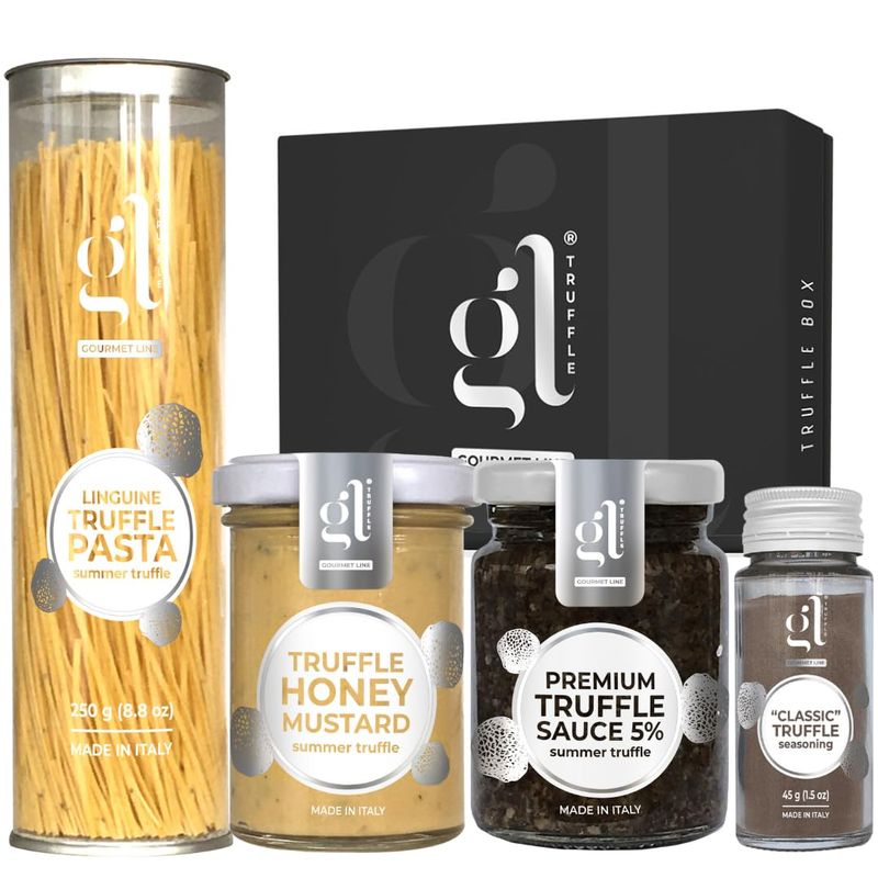 Gourmet Truffle Gift Box Set, &#39;&#39;DELUXE&#39;&#39;, Included Linguine Truffle Pasta 250 gr, &#39;CLASSIC&#39;&#39; Truffle Seasoning 45 gr, Truffle Honey Mustard 100 gr, Premium Truffle Sauce 5% 90 gr