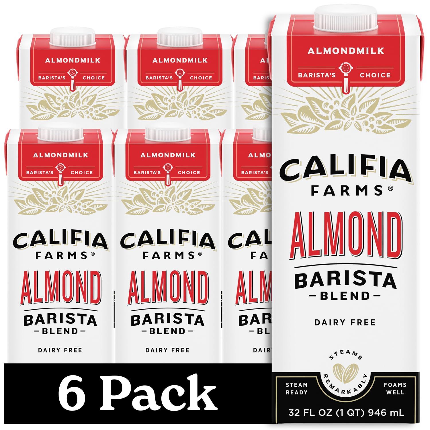 Califia Farms - Original Almond Barista Blend Almond Milk 32 Oz (Pack Of 6), Shelf Stable, Dairy Free, Plant Based, Vegan, Gluten Free, Non GMO, High Calcium, Milk Frother, Creamer