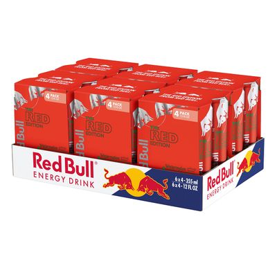 Red Bull Red Edition Energy Drink, Watermelon, with 114mg Caffeine plus Taurine &amp; B Vitamins, 12 Fl Oz, 6 Packs of 4 Cans (Pack of 24)