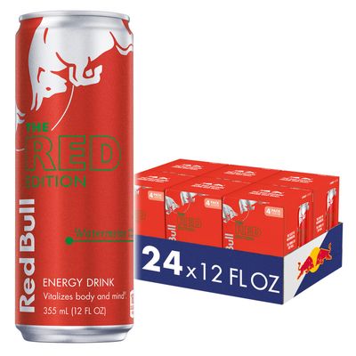 Red Bull Red Edition Energy Drink, Watermelon, with 114mg Caffeine plus Taurine &amp; B Vitamins, 12 Fl Oz, 6 Packs of 4 Cans (Pack of 24)