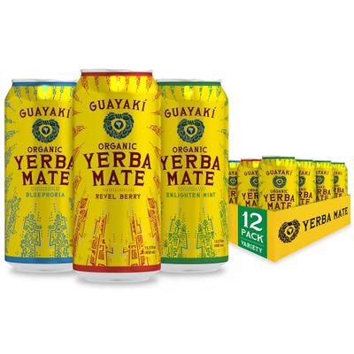 Guayak Yerba Mate, Energy Drink Alternative, Variety Pack (Organic Enlighten Mint, Revel Berry, Bluephoria Flavors), 15.5 Oz (Pack of 12), 150mg Natural Caffeine, Smooth Energy &amp; Focus