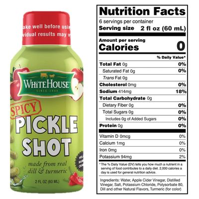 White House Spicy Pickle Shots, With Real Dill and Turmeric, Juice Hydrates and Helps Stop Muscle Cramps, On the Go 2 Ounce (Pack of 6)